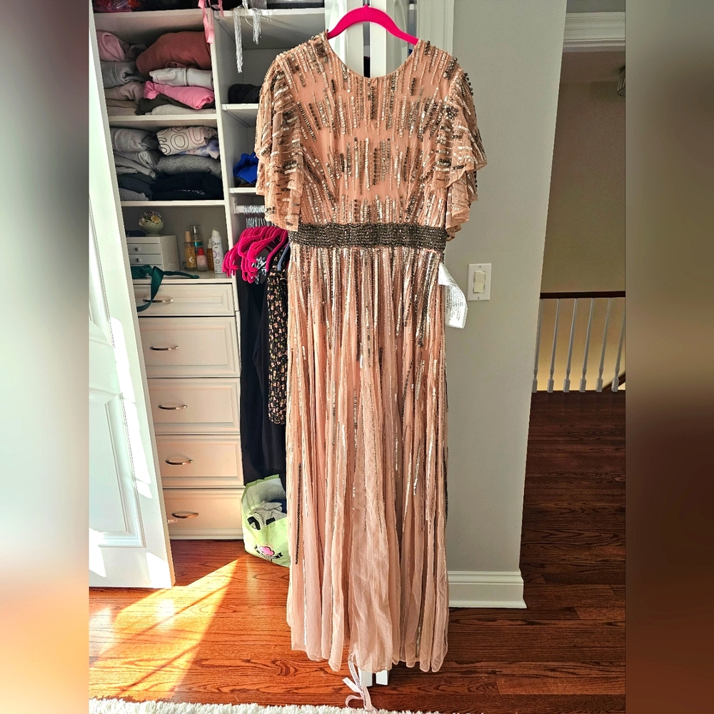 Mac Duggal 93582 EMBELLISHED FULL LENGTH LAYERED SLEEVE GOWN Sz 6 Vintage Rose
